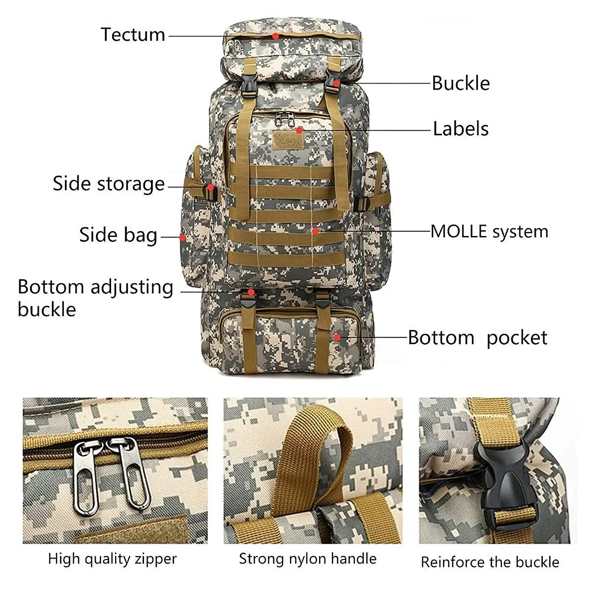 Hiking Backpack Capacity 80L Outdoor Camouflage Rucksack Tartical Hiking Backpack Daypacks Waterproof